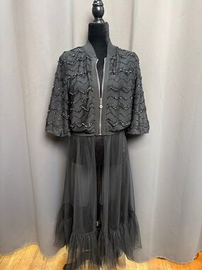Black Beaded Tulle Zip-Front Dress Jacket S/M
